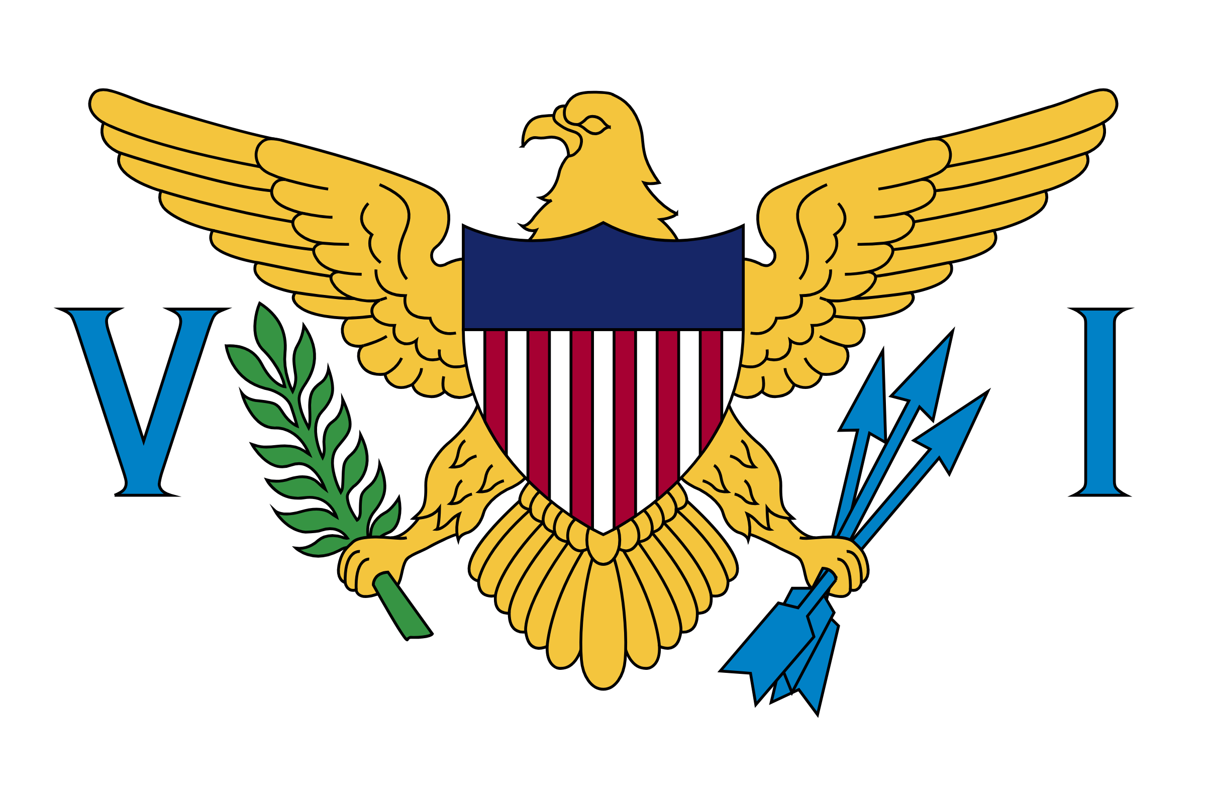 Bandera de las Islas Vírgenes de los Estados Unidos: fondo blanco con un águila amarilla que sostiene tres flechas azules y una rama de laurel, entre las letras azules V e I