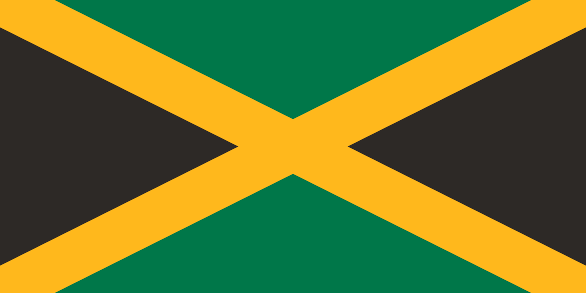 Bandera de Jamaica: una cruz diagonal amarilla que divide el fondo en dos triángulos verdes, arriba y abajo, y dos negros, a los lados