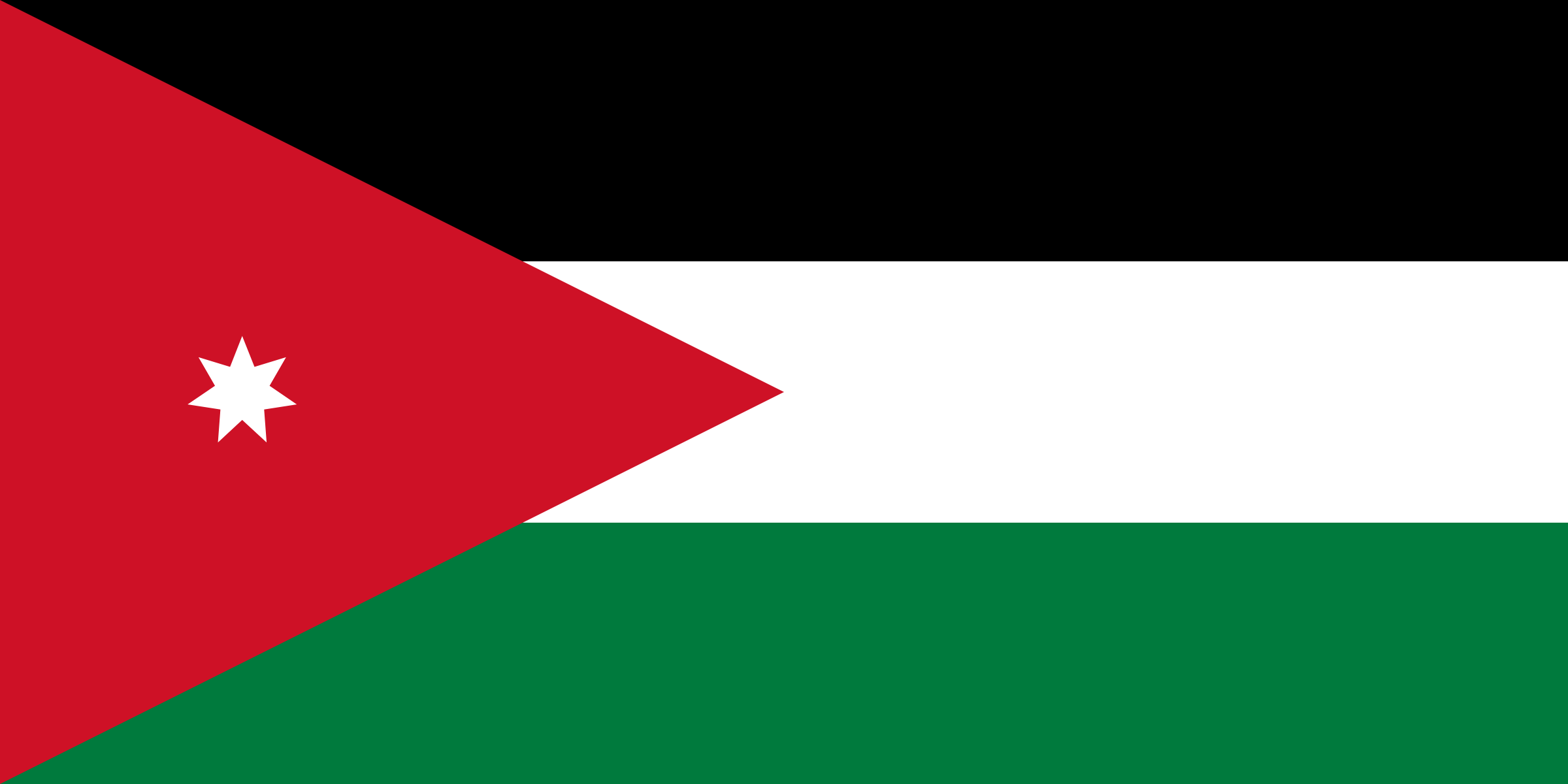 Bandera de Jordania: franjas horizontales negra, blanca y verde, con un triángulo rojo junto al asta que lleva una estrella blanca de siete puntas