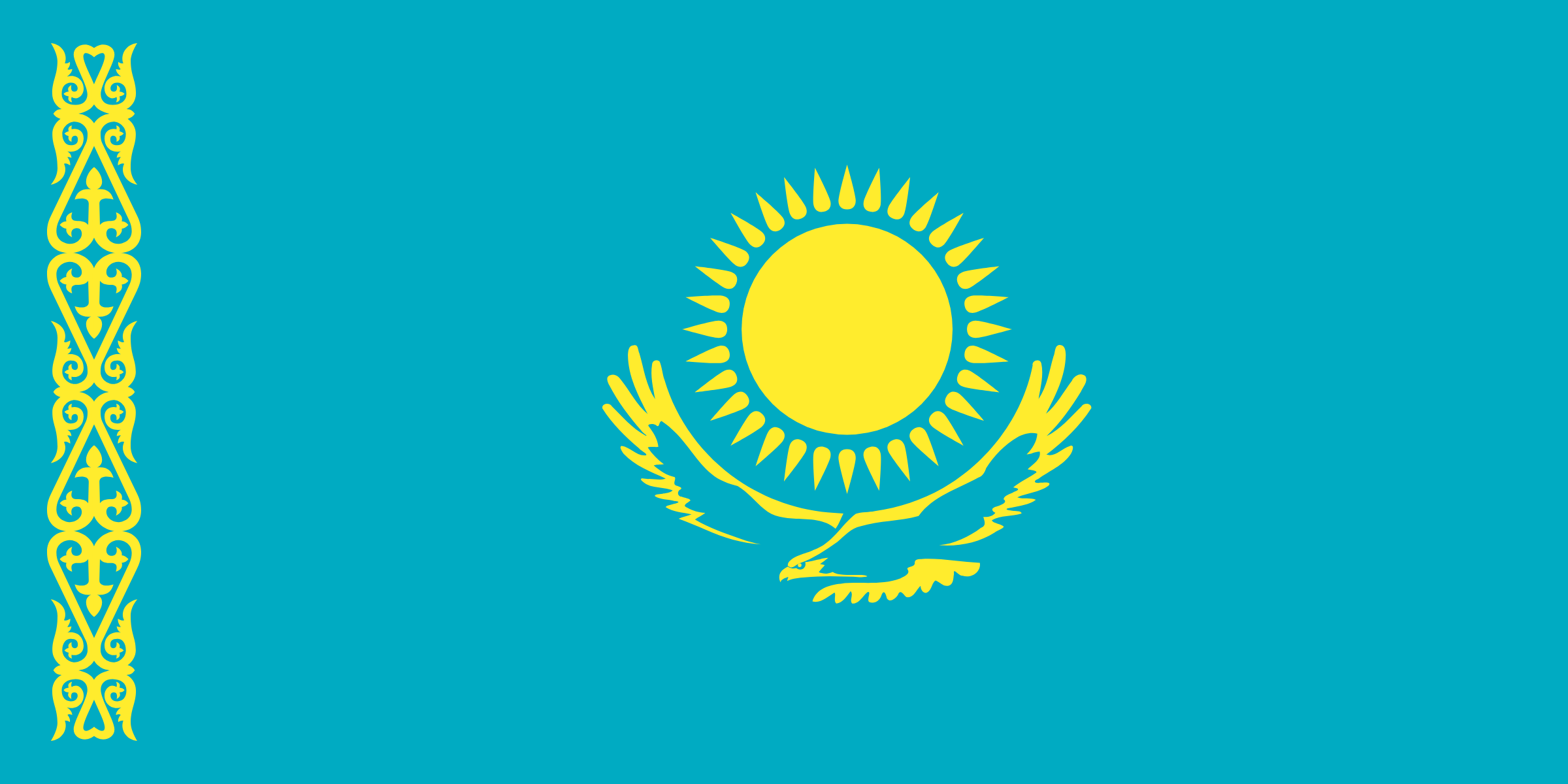 Bandera de Kazajistán: fondo azul cielo con un sol dorado y un águila esteparia dorada, y un adorno dorado junto al asta