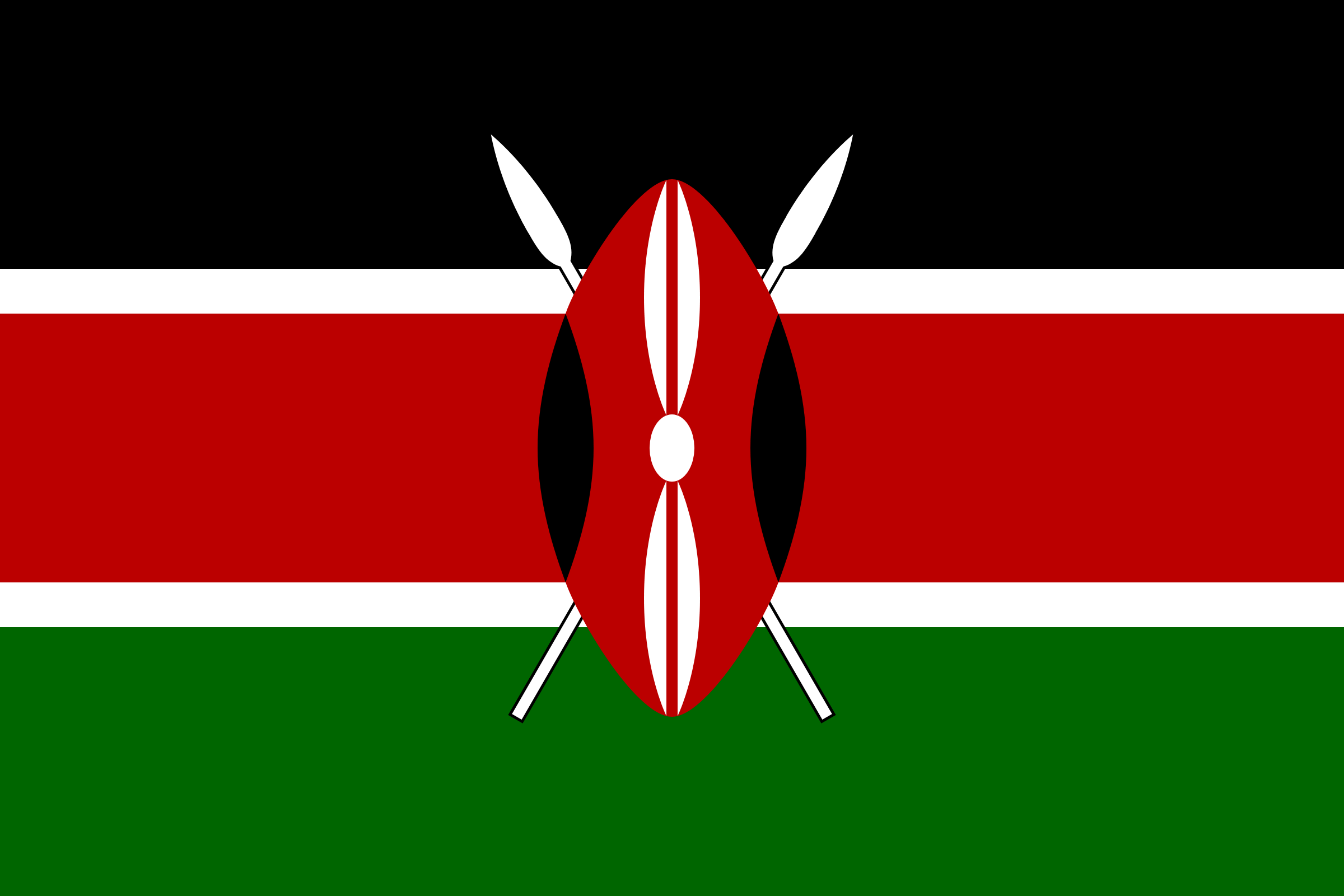 Bandera de Kenia: franjas horizontales negra, roja y verde separadas por líneas blancas, con un escudo masái rojo, negro y blanco y dos lanzas cruzadas en el centro