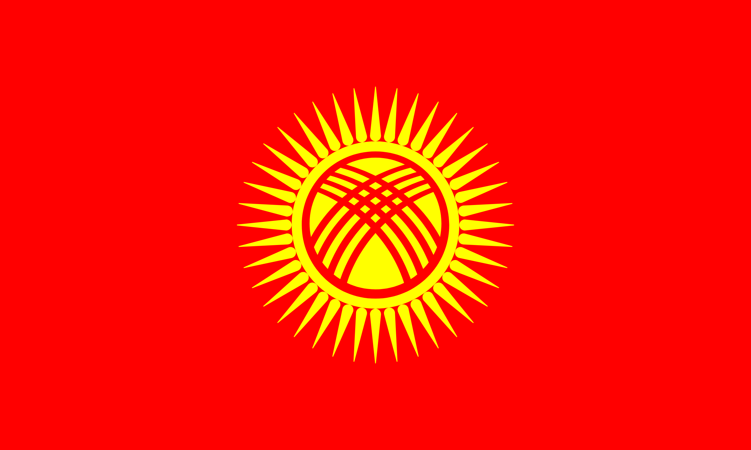 Bandera de Kirguistán: fondo rojo con un sol amarillo de 40 rayos y, dentro, la corona de una yurta