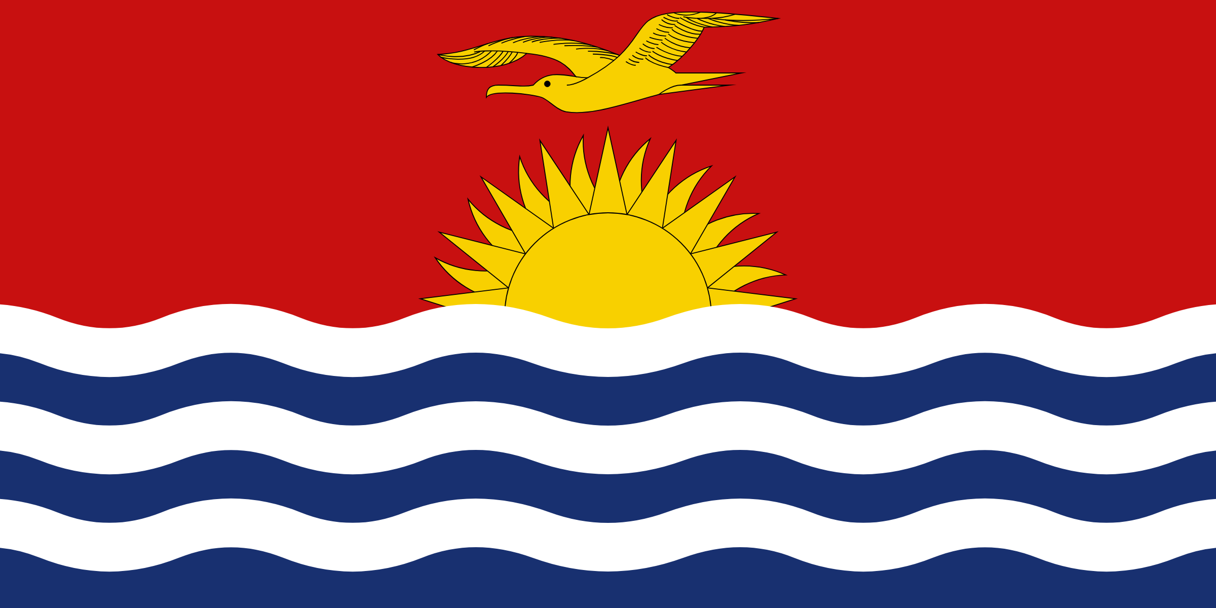Bandera de Kiribati: mitad de arriba roja con un ave fragata dorada sobre un sol naciente, y abajo franjas onduladas azules y blancas