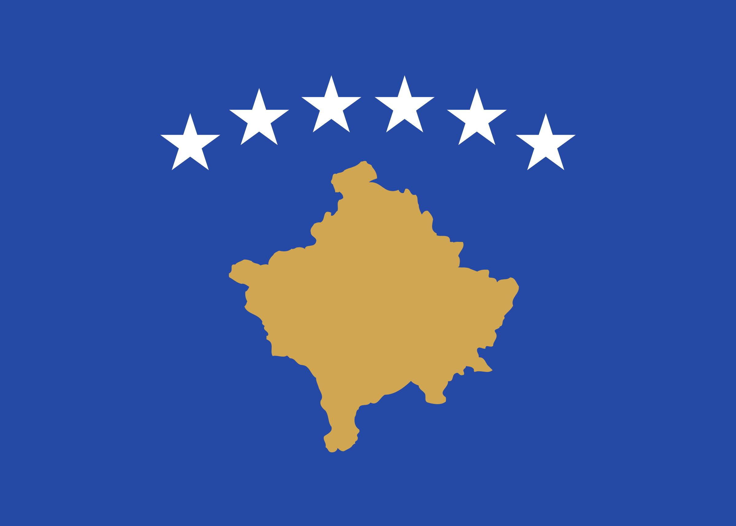 Bandera de Kosovo: campo azul con el contorno del territorio en dorado y seis estrellas blancas encima