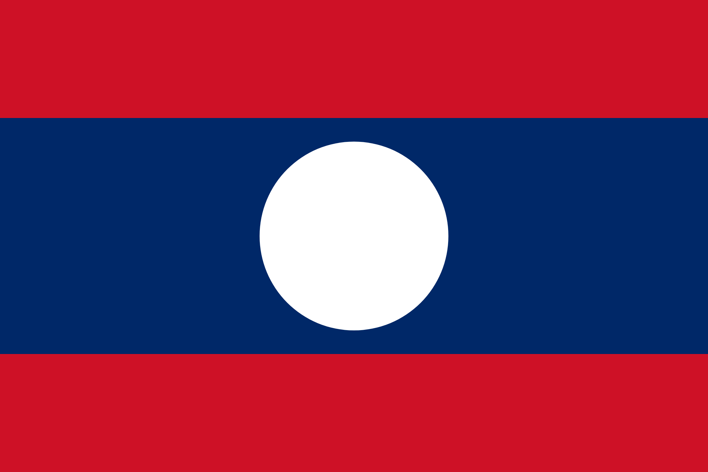 Bandera de Laos: franjas horizontales roja, azul y roja, con un círculo blanco en el centro de la franja azul