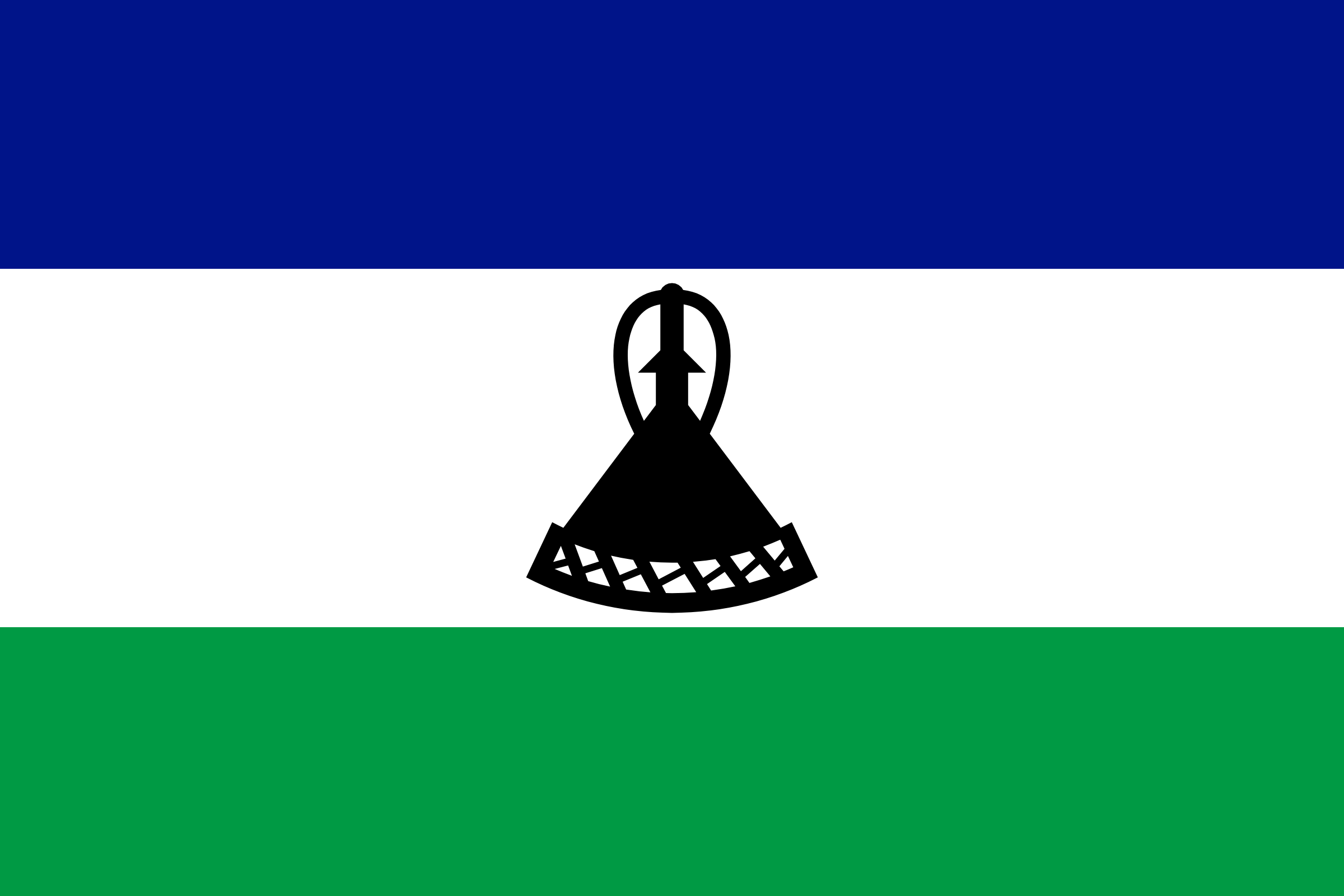 Bandera de Lesoto: franjas horizontales azul, blanca y verde, con un sombrero tradicional basoto negro en el centro de la franja blanca