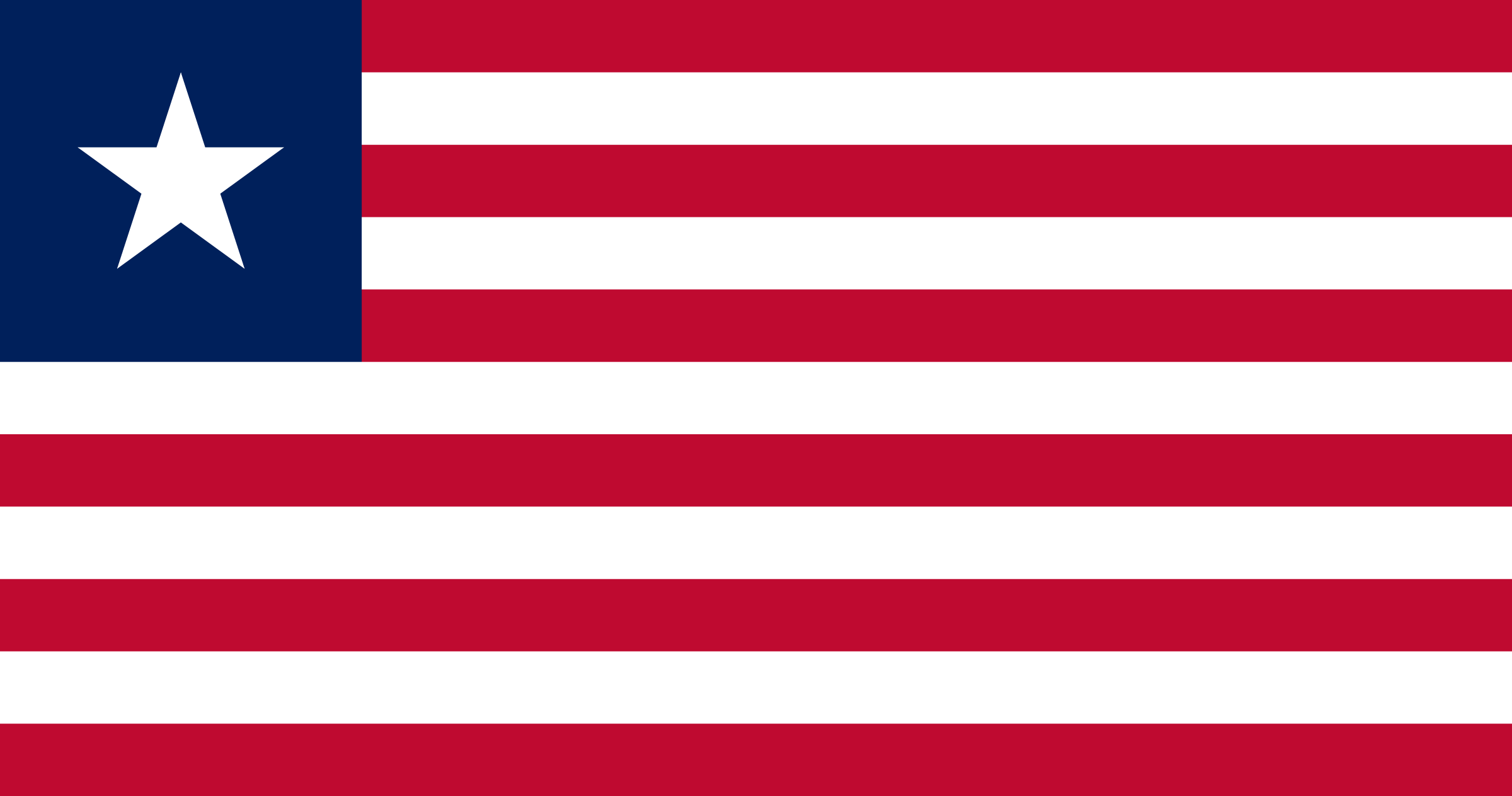 Bandera de Liberia: once franjas horizontales rojas y blancas, con un cuadro azul y una estrella blanca en la esquina superior izquierda