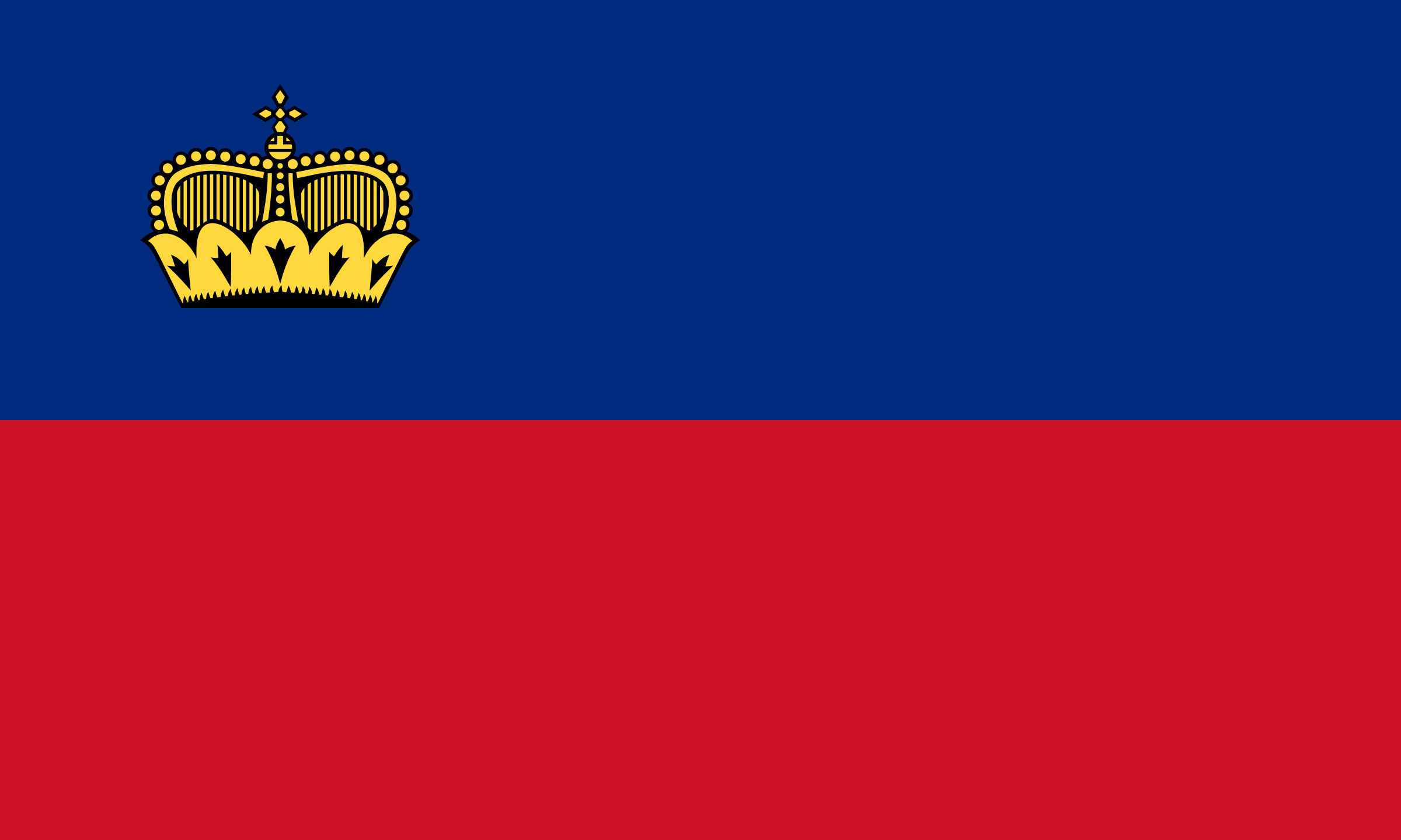Bandera de Liechtenstein: franja azul arriba y roja abajo, con una corona dorada en la esquina superior izquierda