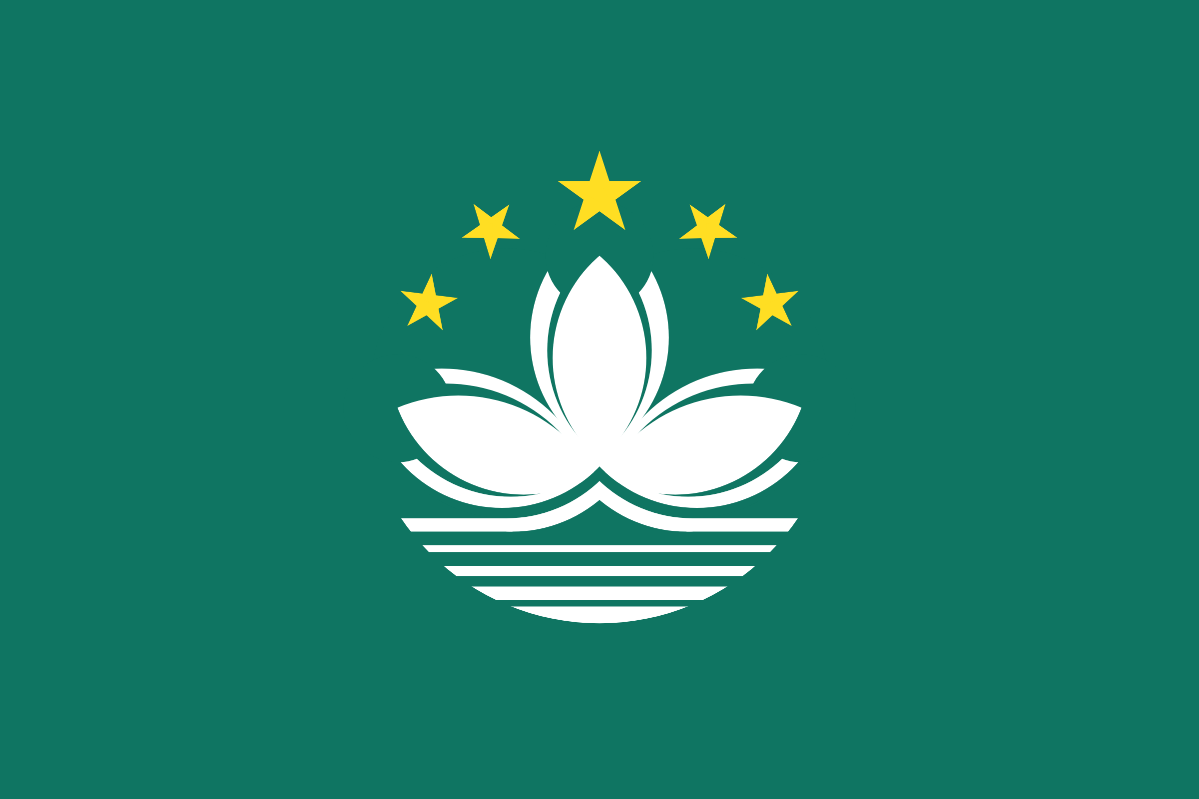 Bandera de Macao: fondo verde con una flor de loto blanca sobre un puente y agua, y cinco estrellas amarillas en arco