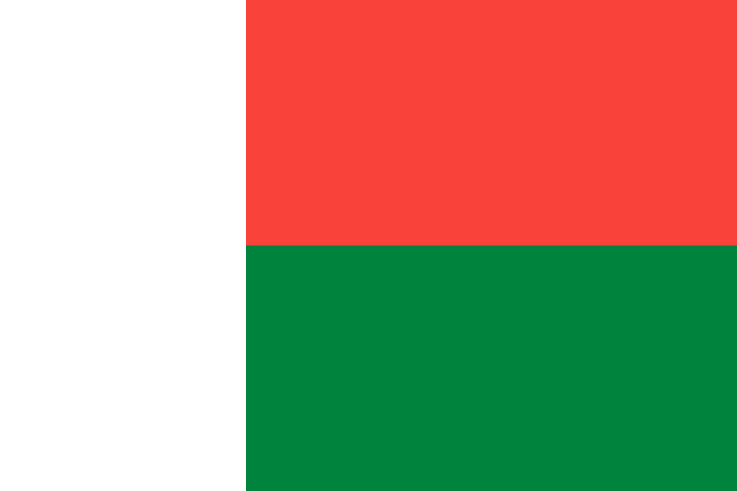 Bandera de Madagascar: franja vertical blanca a la izquierda y dos franjas horizontales, roja arriba y verde abajo