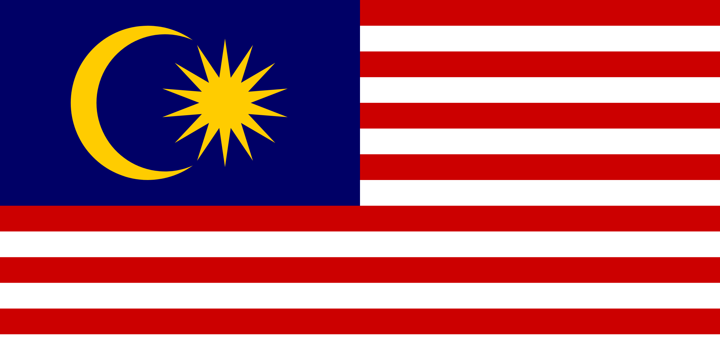 Bandera de Malasia: 14 franjas rojas y blancas, con un rectángulo azul junto al asta que lleva una media luna y una estrella amarillas