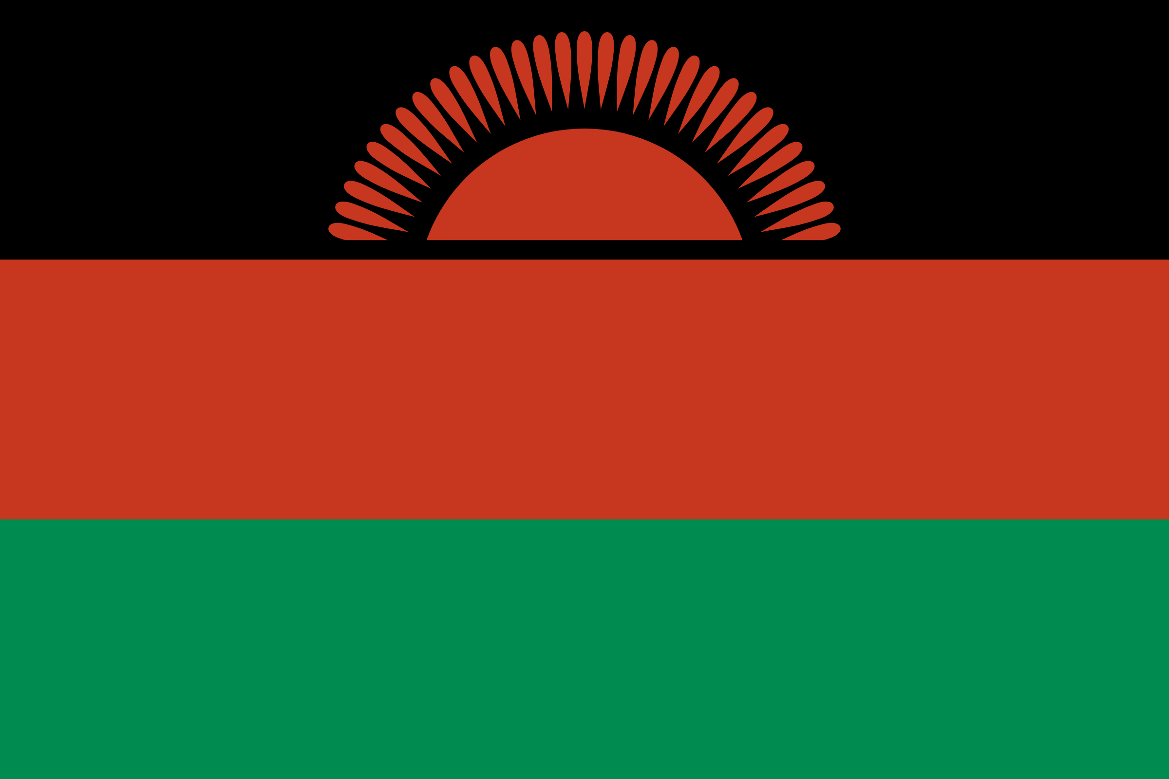 Bandera de Malaui: franjas horizontales negra, roja y verde, con un sol naciente rojo sobre la franja negra