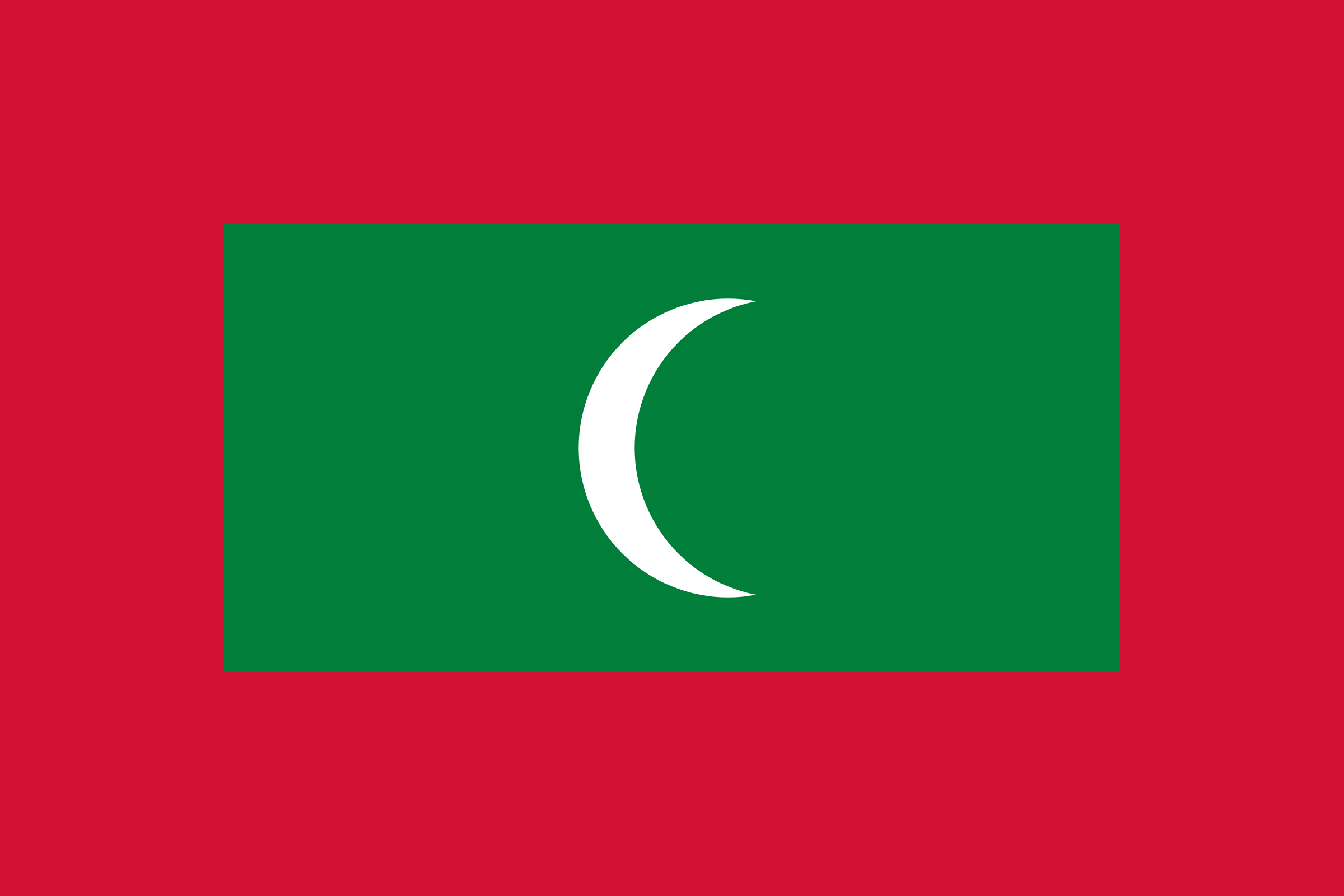Bandera de las Maldivas: fondo rojo con un rectángulo verde en el centro que lleva una media luna blanca