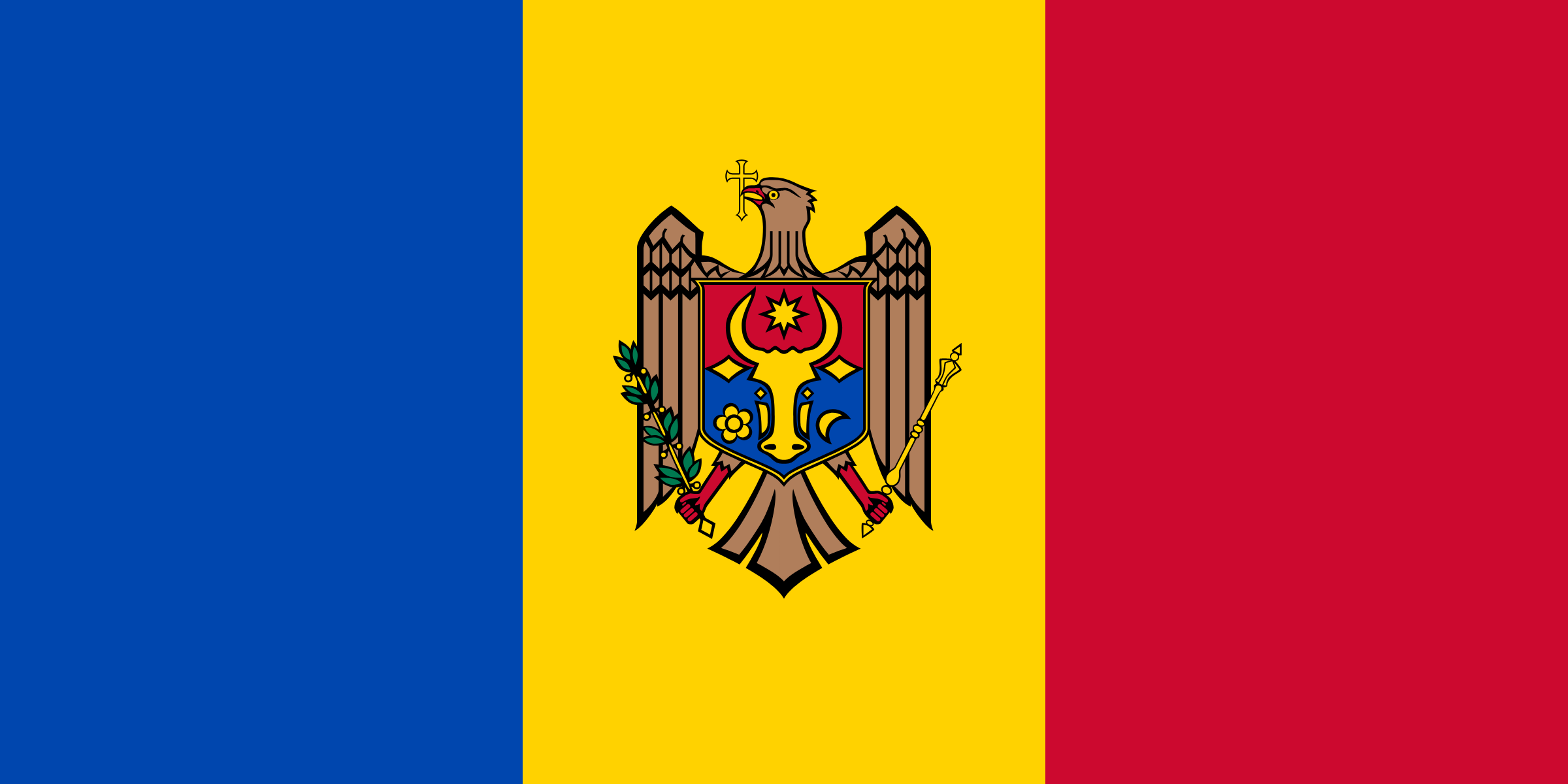 Bandera de Moldavia: franjas verticales azul, amarilla y roja, con el escudo de un águila con un uro en el centro