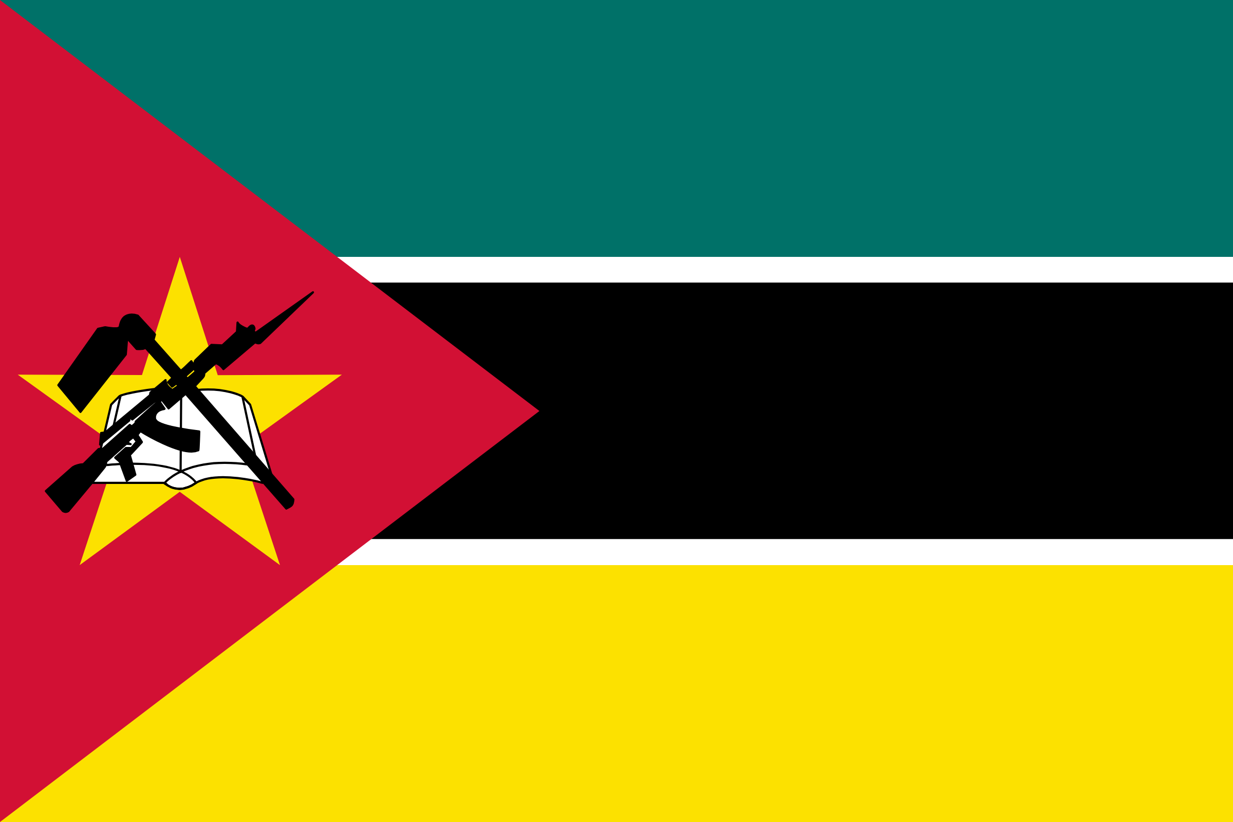 Bandera de Mozambique: franjas horizontales verde, negra y amarilla separadas por líneas blancas, con un triángulo rojo a la izquierda que lleva una estrella amarilla, un libro, un fusil y una azada