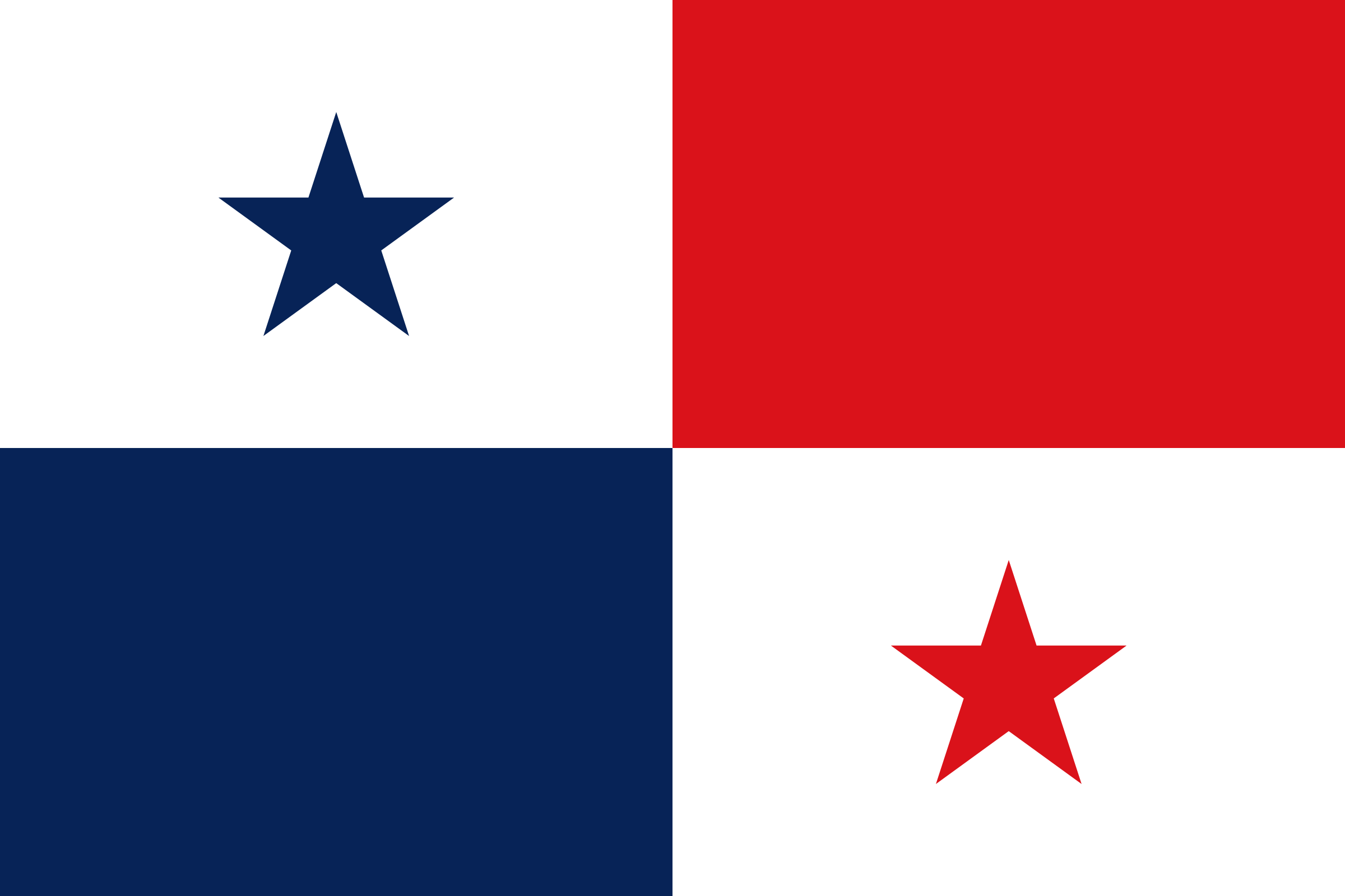 Bandera de Panamá: cuatro rectángulos, dos blancos con una estrella azul y una roja, uno rojo y uno azul