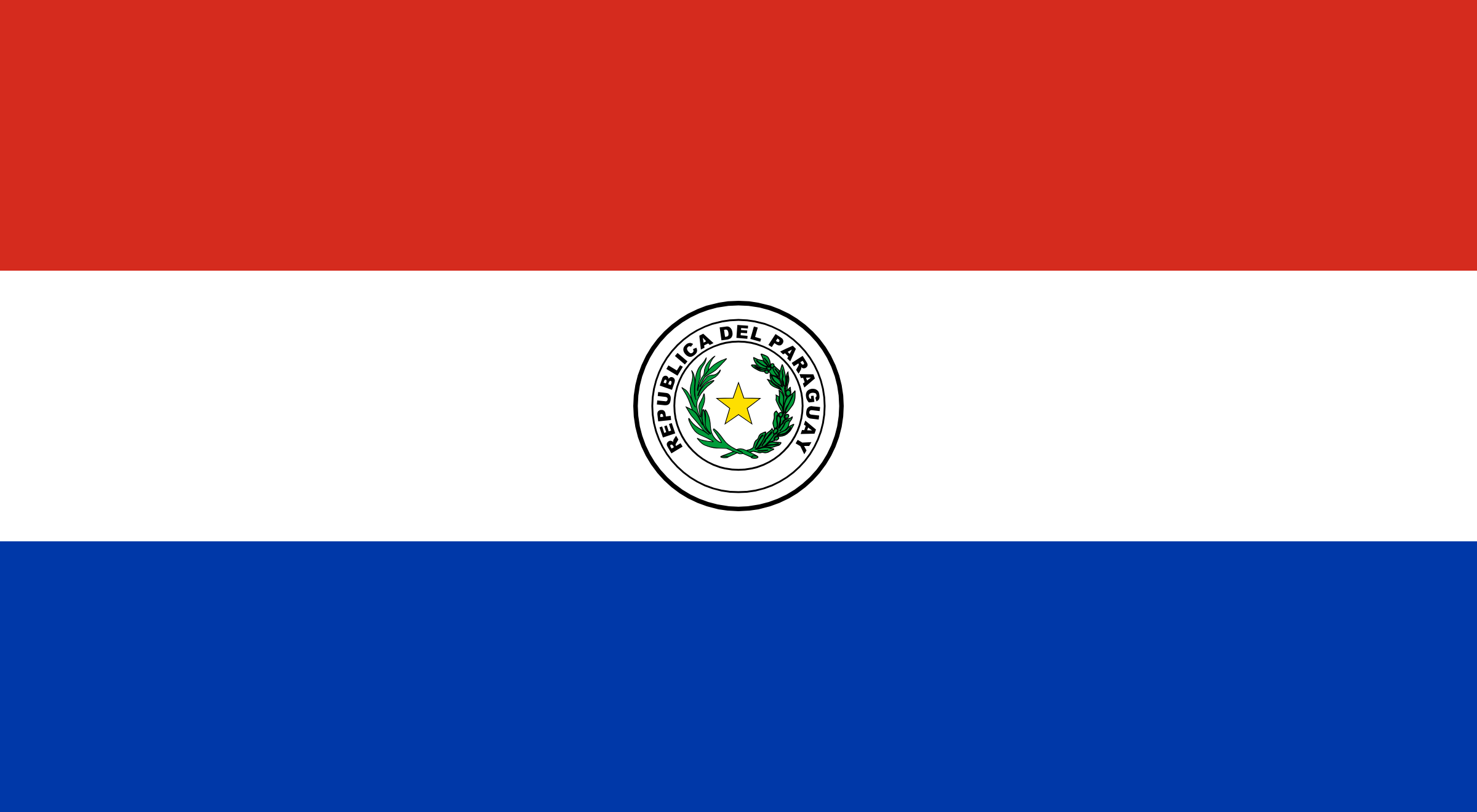 Bandera de Paraguay: franjas horizontales roja, blanca y azul, con un escudo circular con una estrella amarilla en el centro