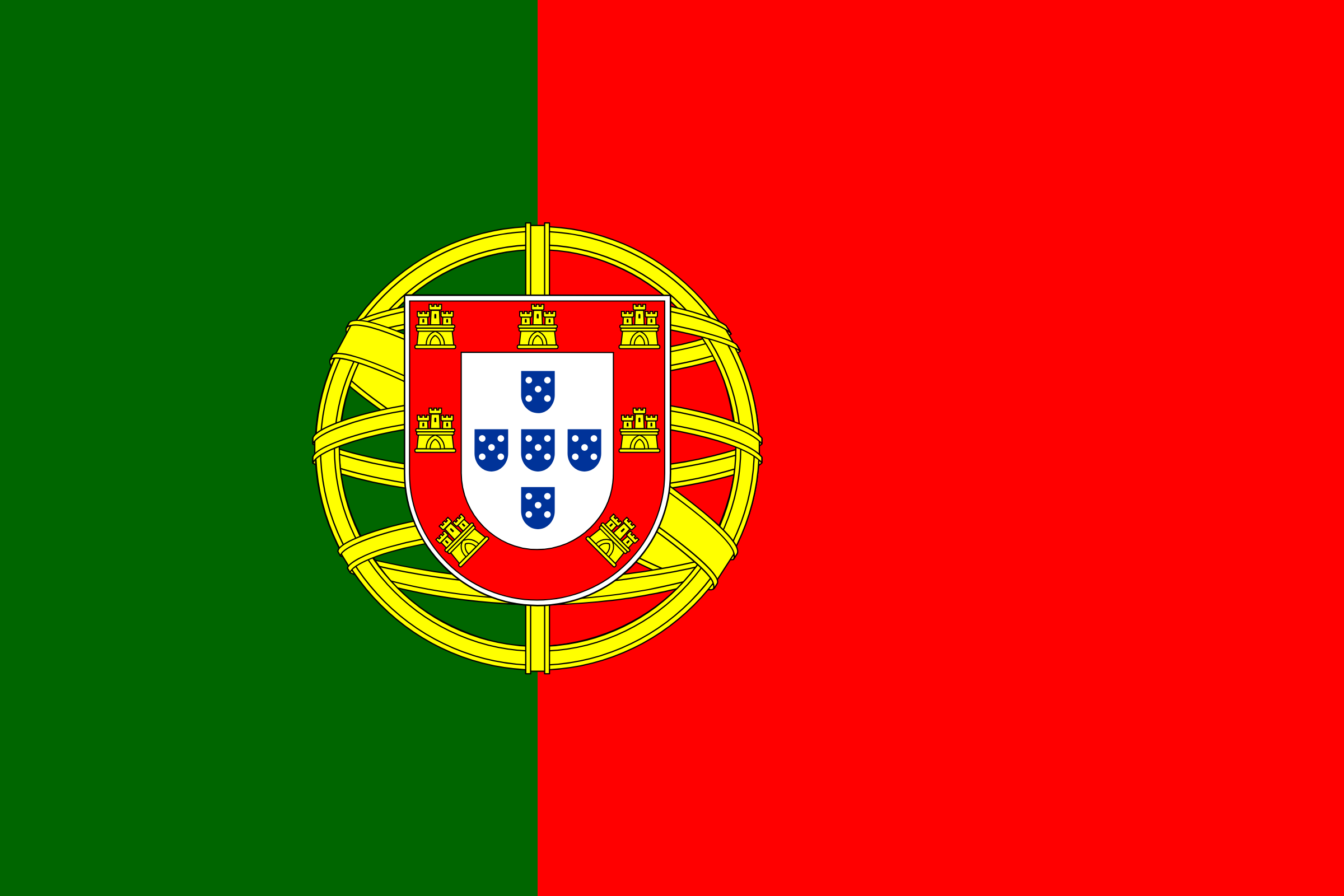 Bandera de Portugal: franja verde junto al asta y roja más ancha, con el escudo nacional sobre una esfera armilar amarilla