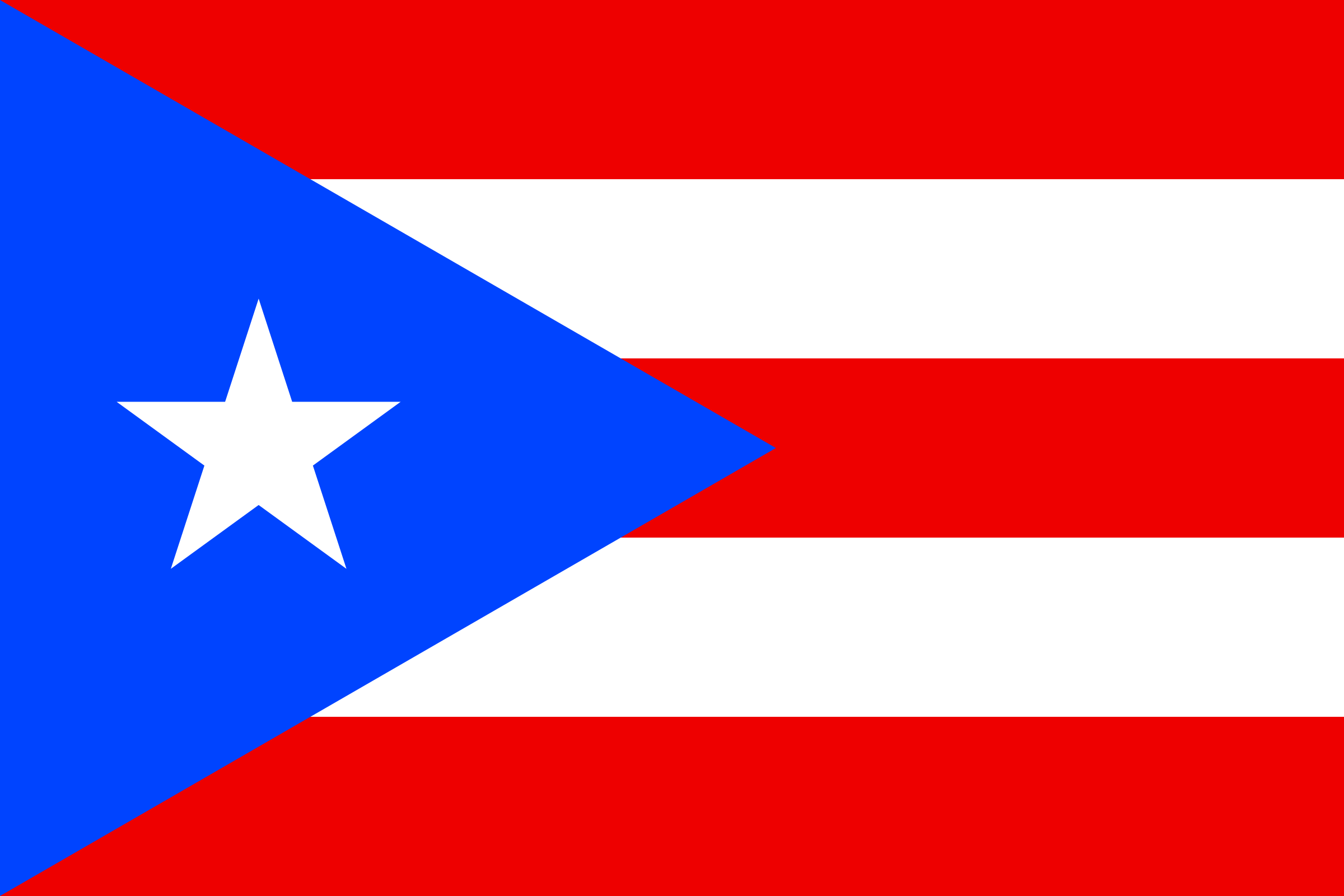 Bandera de Puerto Rico: cinco franjas horizontales rojas y blancas y un triángulo azul con una estrella blanca junto al asta
