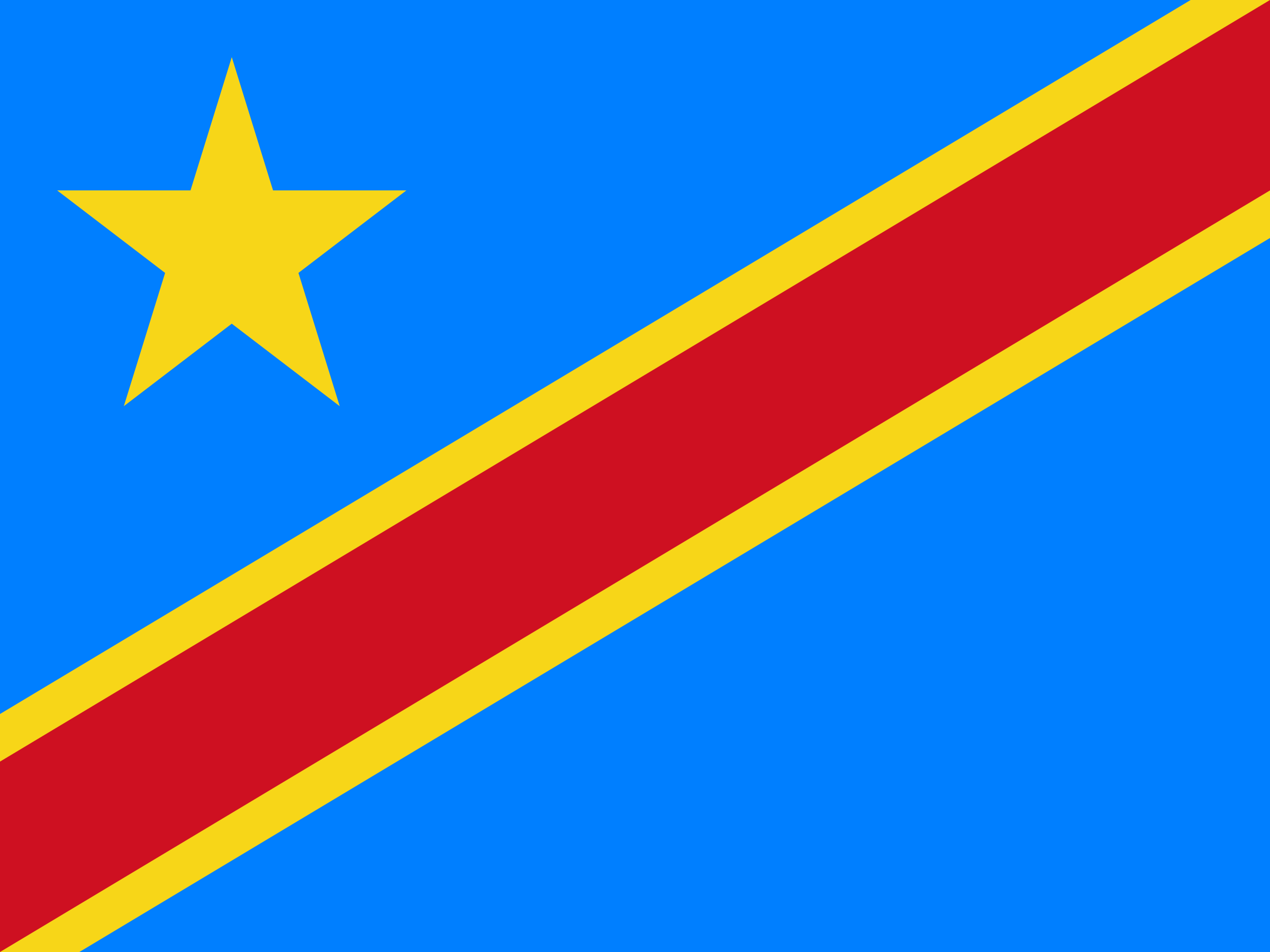 Bandera de la República Democrática del Congo: fondo azul cielo con una franja diagonal roja bordeada de amarillo y una estrella amarilla arriba a la izquierda
