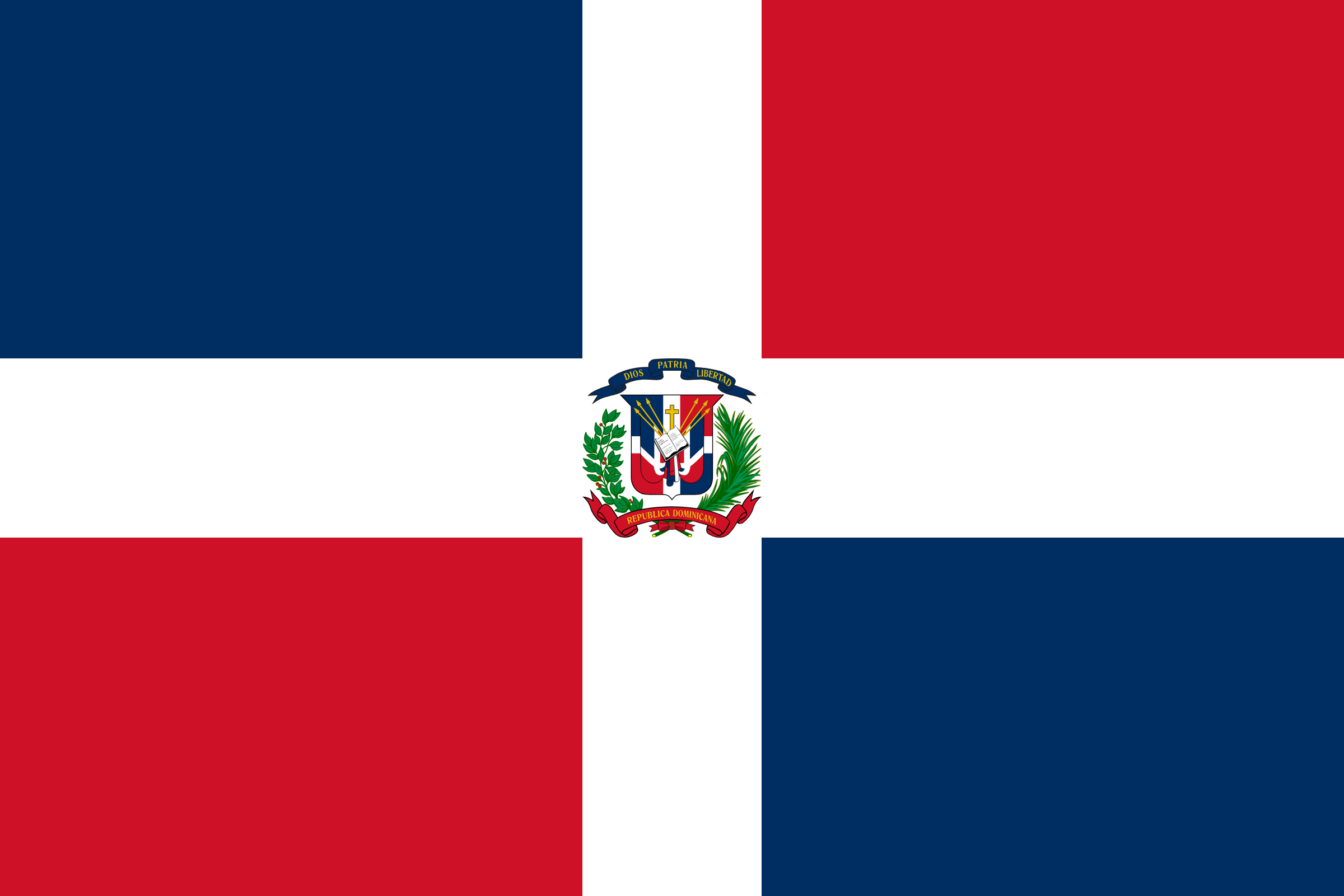 Bandera de República Dominicana: una cruz blanca que divide el fondo en cuatro rectángulos azules y rojos, con el escudo en el centro