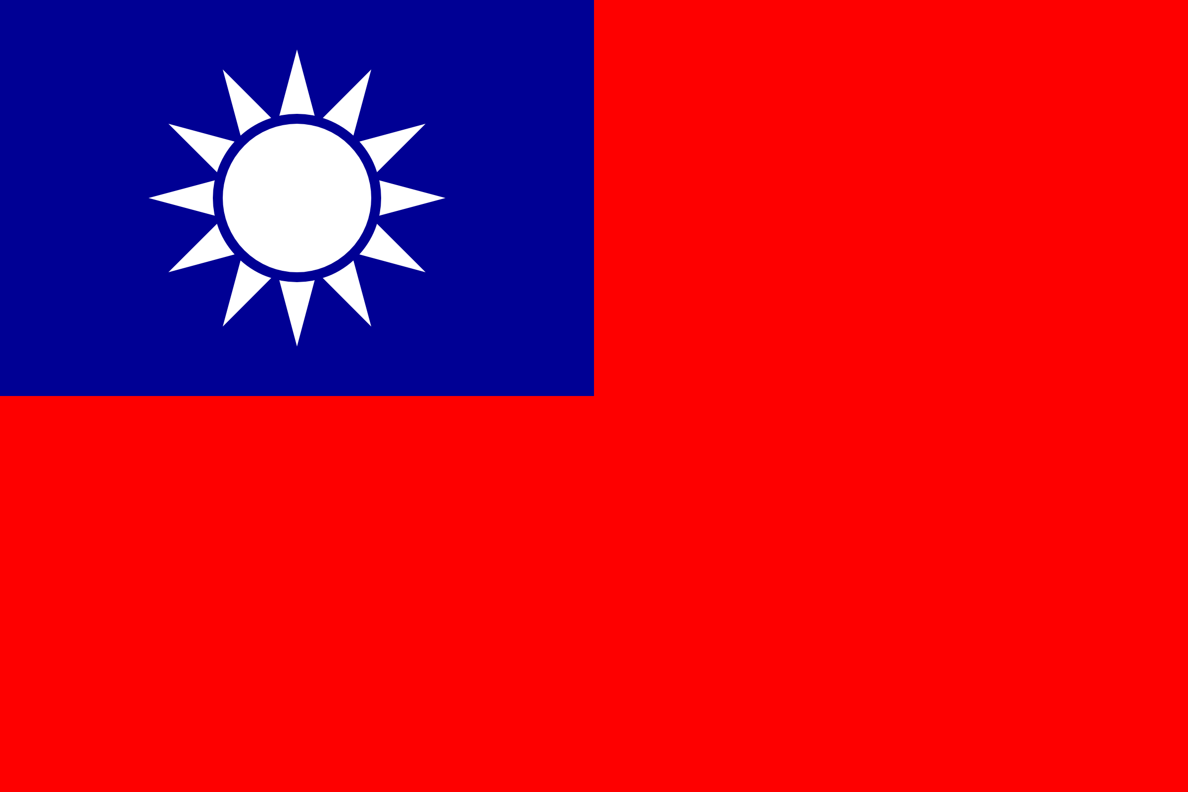 Bandera de Taiwán: campo rojo con un rectángulo azul en la esquina superior izquierda y un sol blanco de doce rayos
