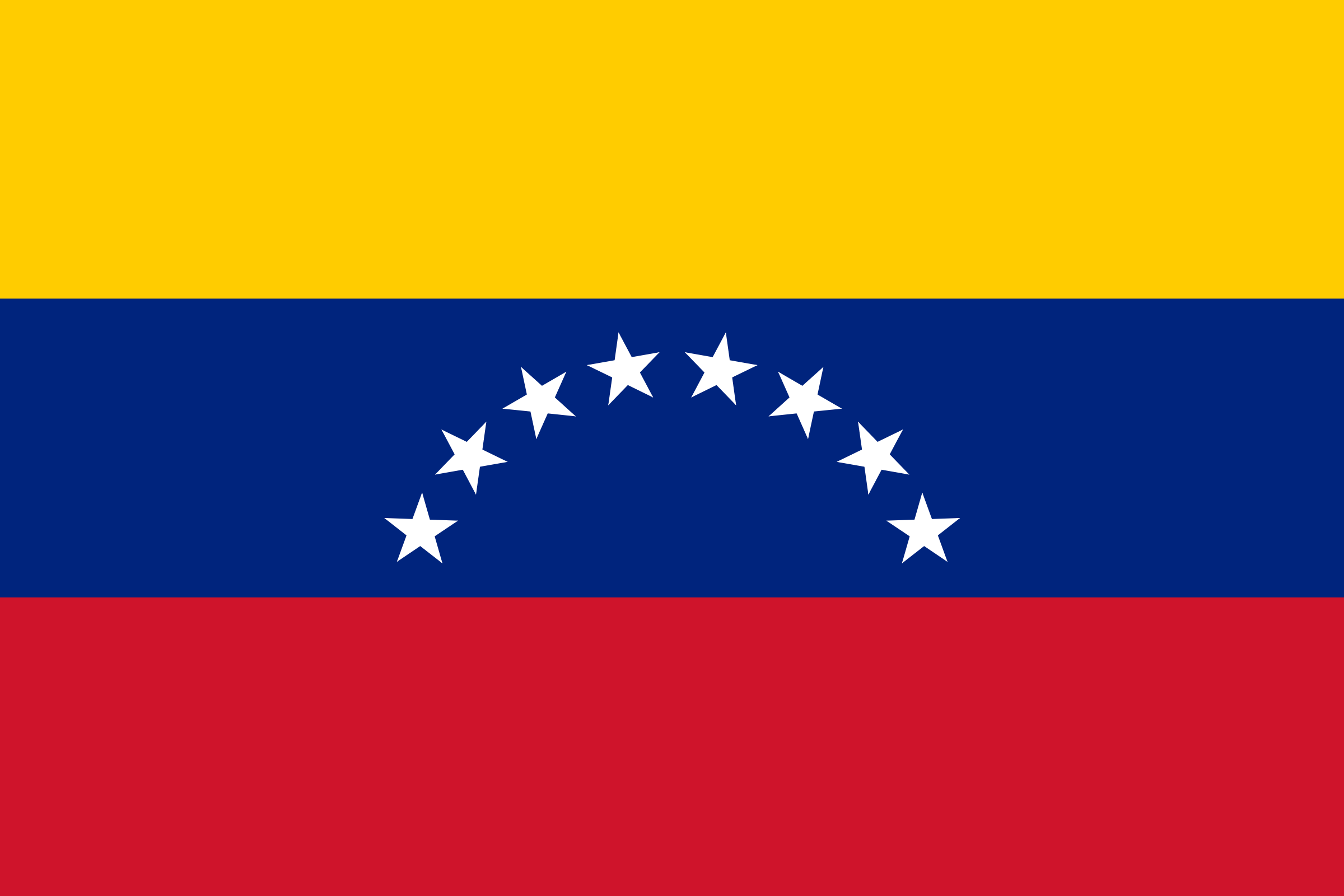 Bandera de Venezuela: franjas horizontales amarilla, azul y roja, con un arco de ocho estrellas blancas en la franja azul