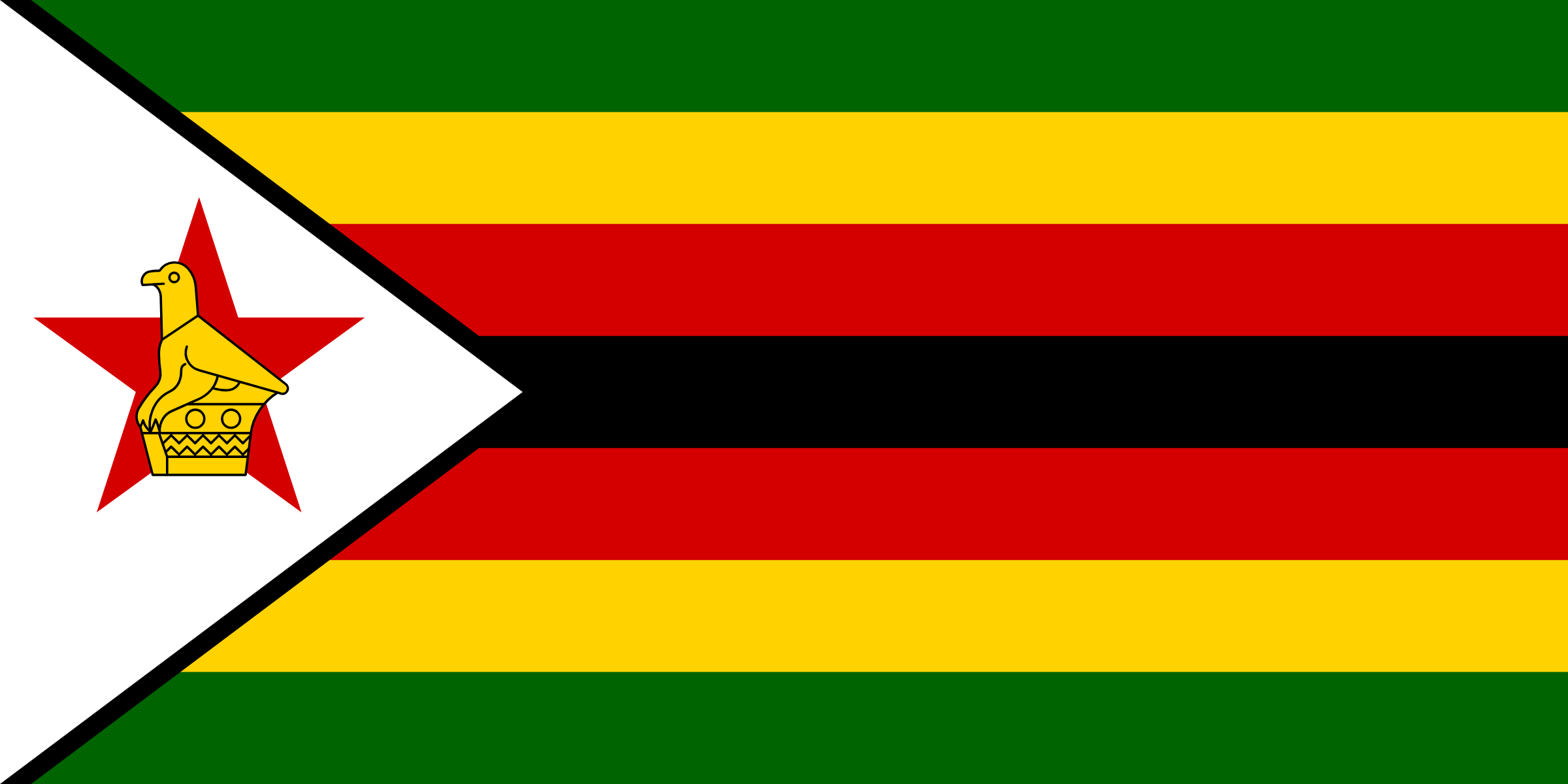 Bandera de Zimbabue: franjas horizontales verde, amarilla, roja y negra, con un triángulo blanco a la izquierda con una estrella roja y el ave de Zimbabue