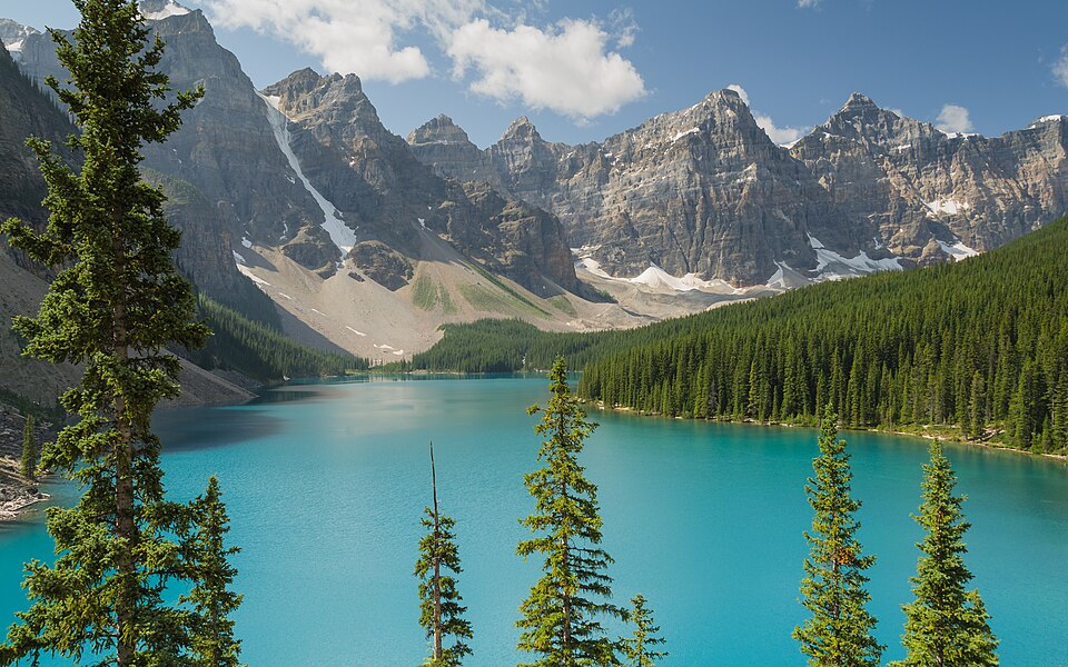 El lago Moraine, de agua turquesa, rodeado de picos y bosque de pinos