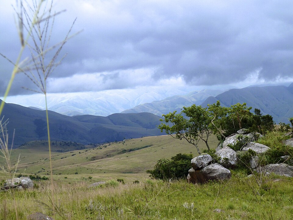 Valle verde y montañas con rocas en primer plano en la reserva de Malolotja