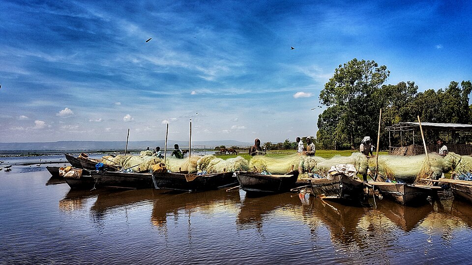 Barcas de pescadores con redes a la orilla del lago Hawassa