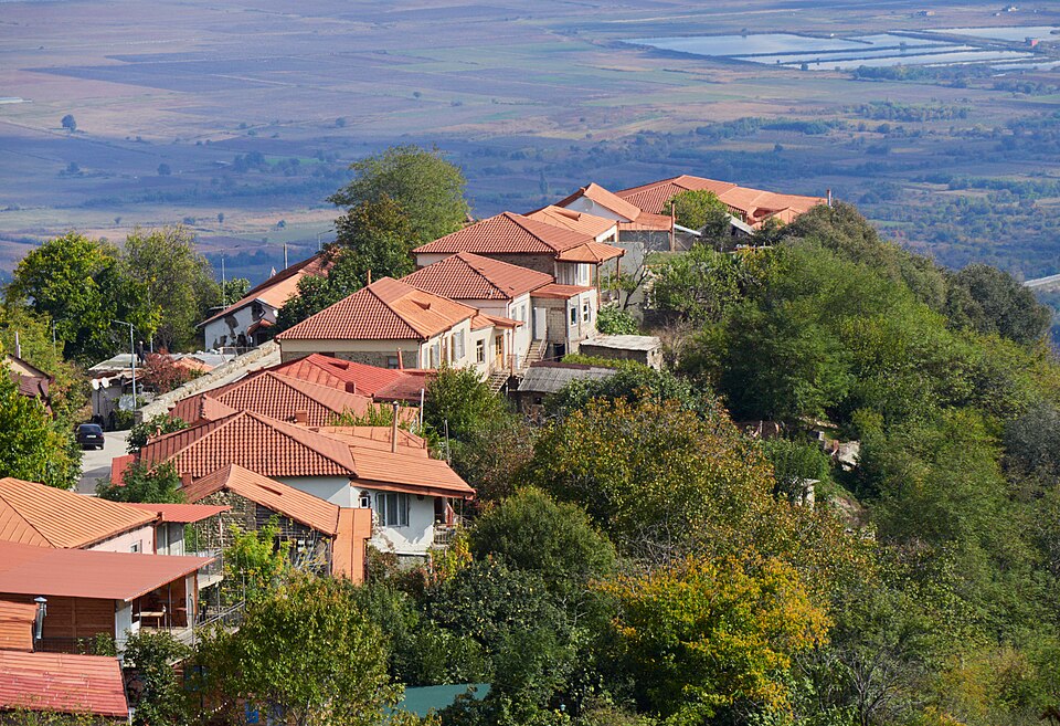 Casas de techos rojos de Sighnaghi entre árboles sobre el valle