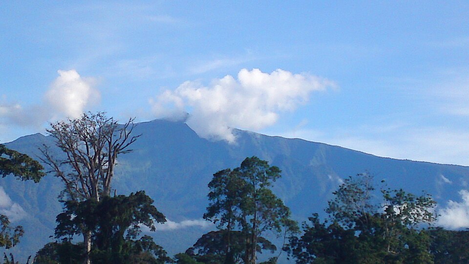 Volcán Pico Basilé con nubes en la cima y bosque en primer plano