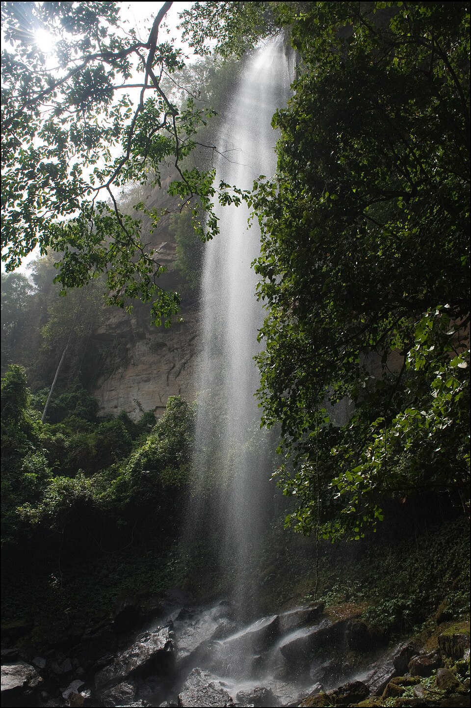 Cascada fina y alta cayendo entre la selva en el Velo de la Novia