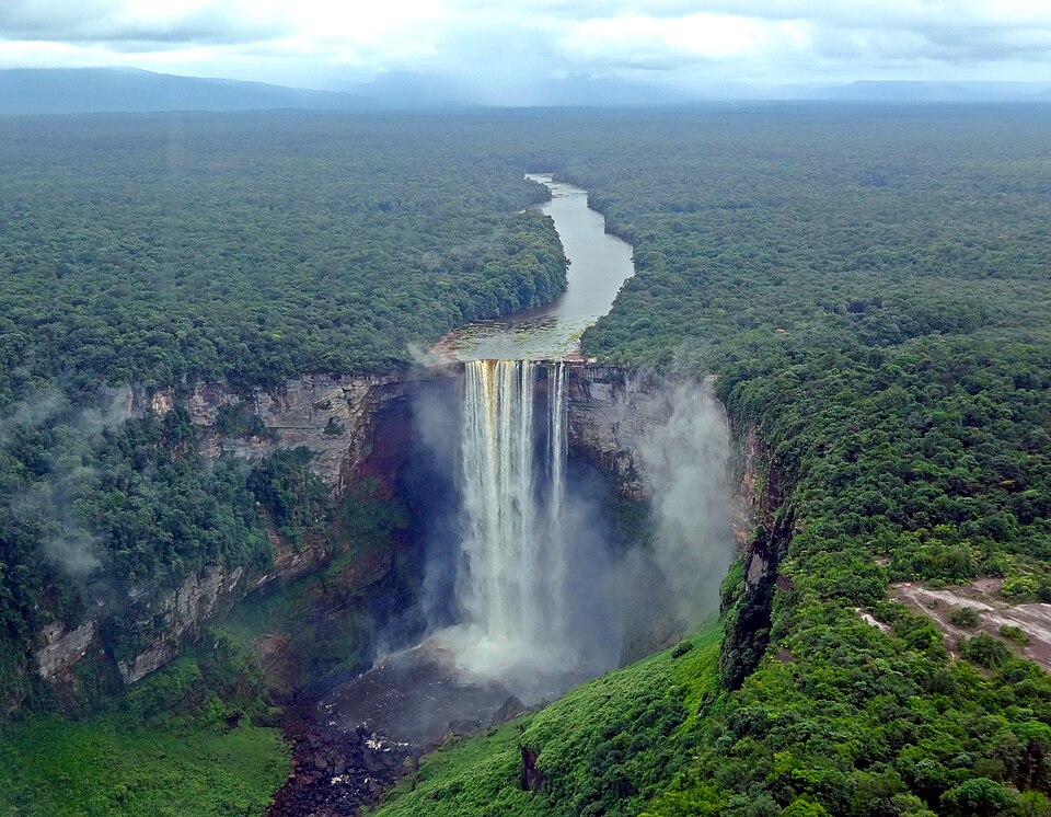 Vista aérea de las cataratas de Kaieteur cayendo en un cañón en medio de la selva