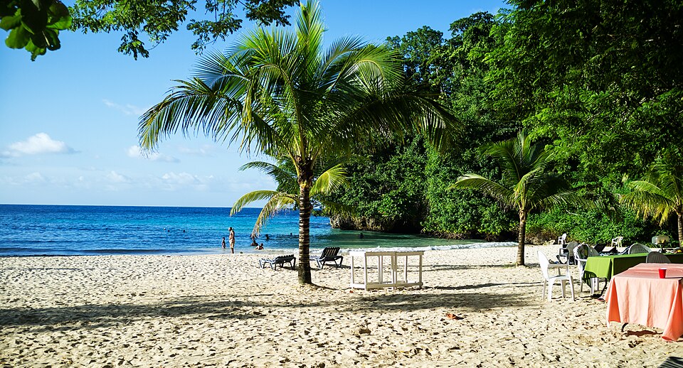 Playa de arena blanca con palmeras y agua turquesa en Frenchman's Cove