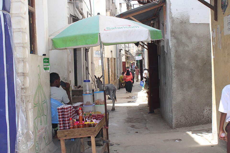 Callejón de la ciudad vieja de Lamu con un puesto bajo una sombrilla y un burro al fondo