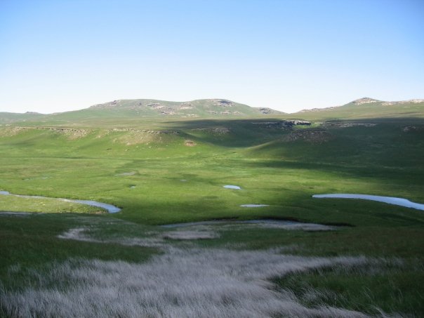 Pastizal verde de montaña con arroyos en el parque de Sehlabathebe