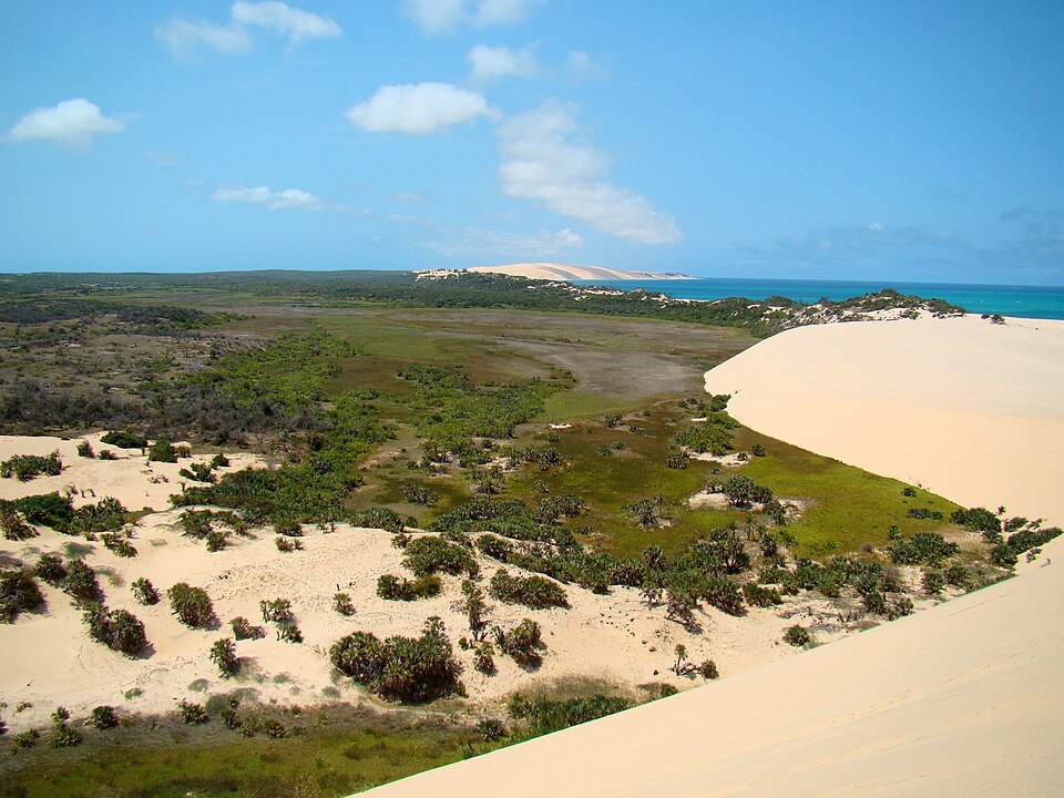 Vista desde una gran duna de la isla de Bazaruto con vegetación y el mar al fondo