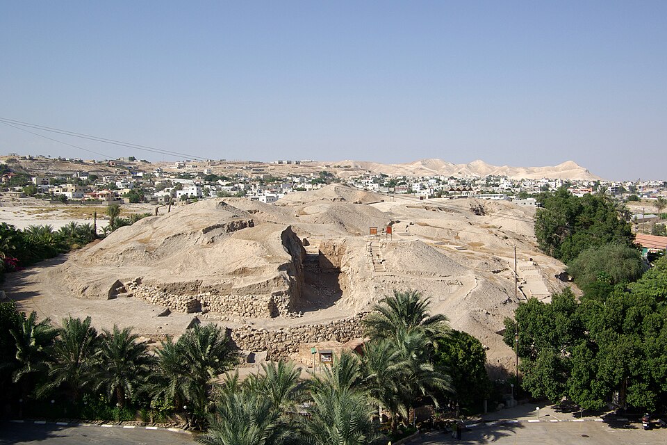 Excavaciones de Tell es-Sultan rodeadas de palmeras en Jericó