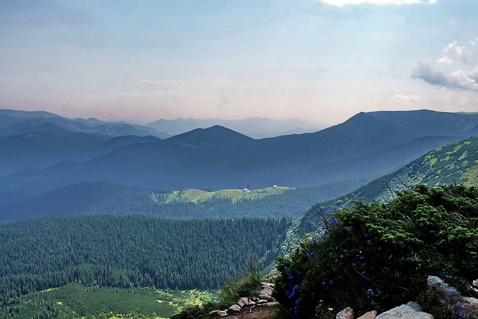 Montañas boscosas de los Cárpatos al pie del Hoverla